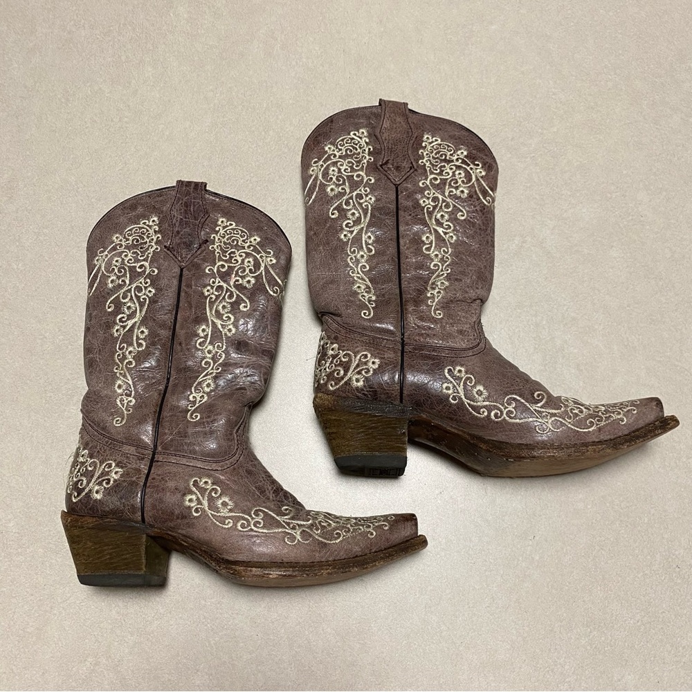 Corral Teen Cowboy Boots Kids 3 Bone Floral Embroidered Snip Toe Cowboy Boots